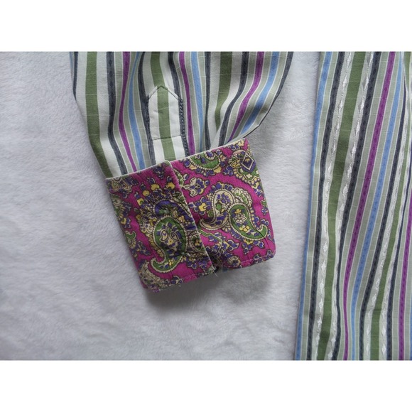 Robert Graham Shirt Mens Large Striped Long Sleeve Button Up Silk Trim Designer - Picture 5 of 14